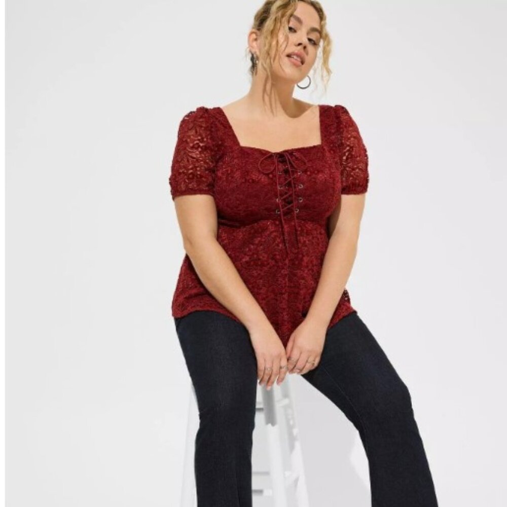 Red Chenille lace Peasant Style Top